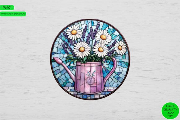 Download Stained Glass Flower Watering Can PNG - Stained glass flower Collection